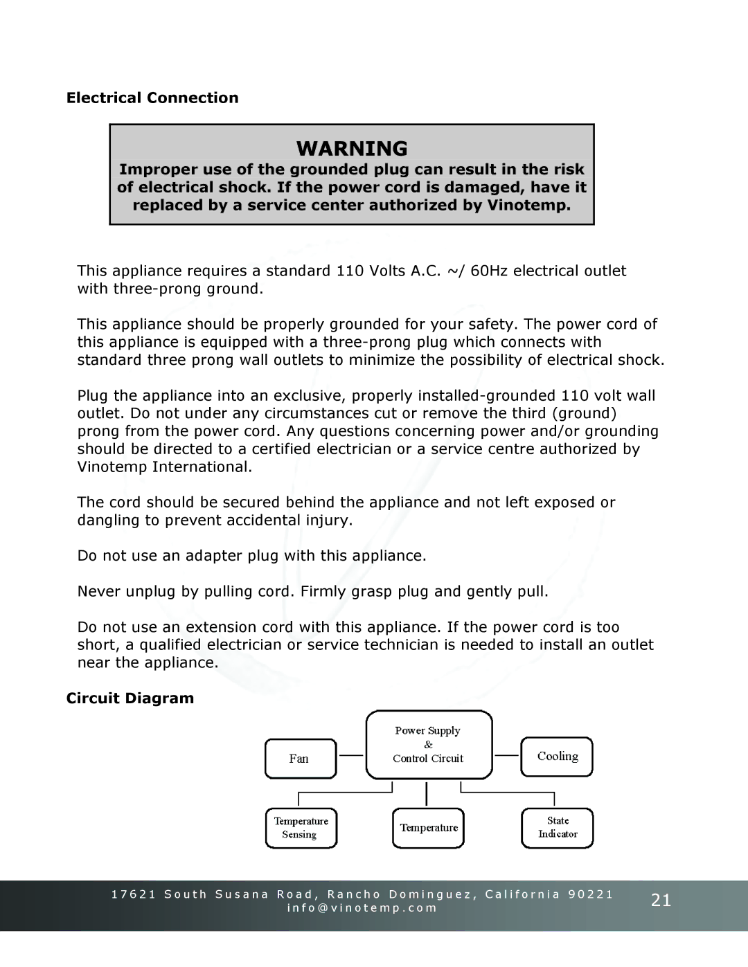 Vinotemp Portofino owner manual Circuit Diagram 