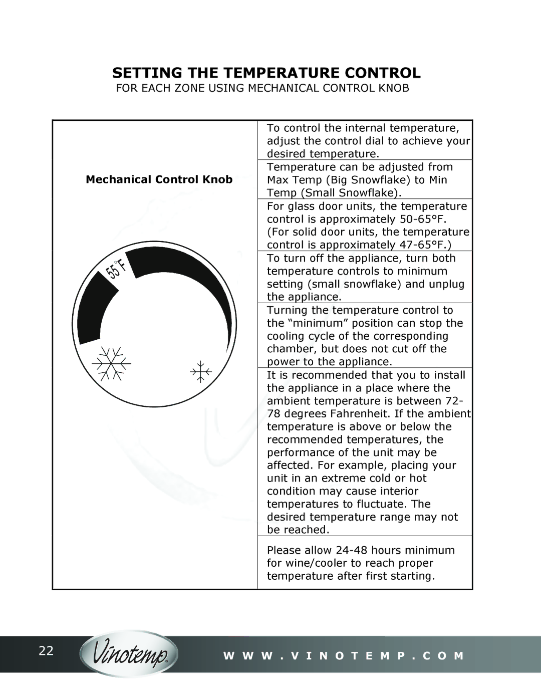 Vinotemp Portofino owner manual Setting the Temperature Control, Mechanical Control Knob 