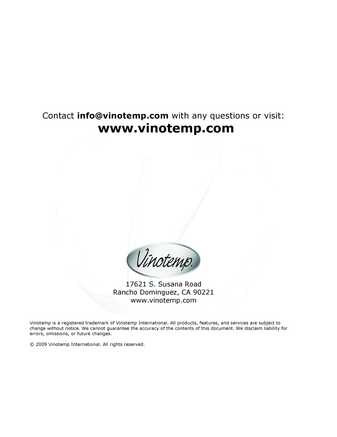 Vinotemp Portofino owner manual 17621 S. Susana Road Rancho Dominguez, CA 