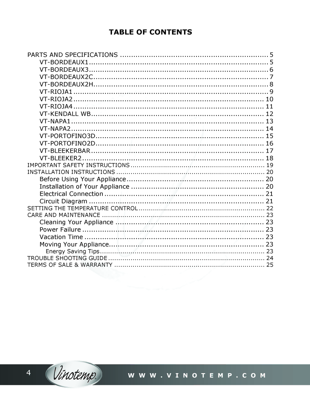 Vinotemp Portofino owner manual Table of Contents 