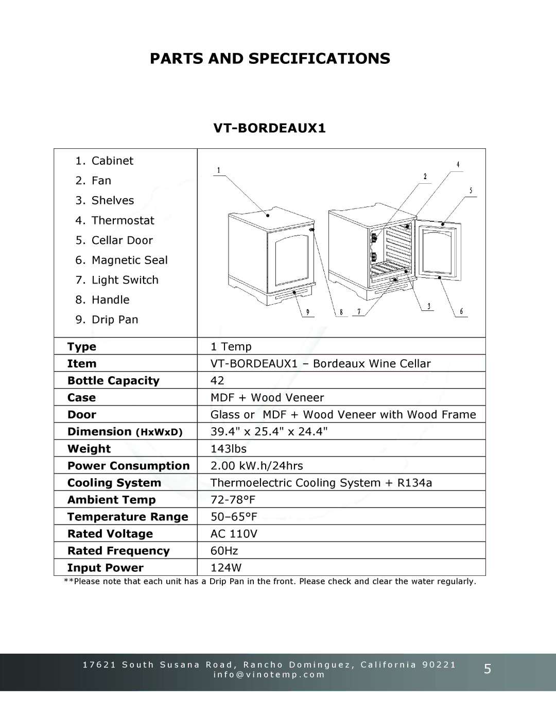 Vinotemp Portofino owner manual Parts and Specifications, VT-BORDEAUX1 