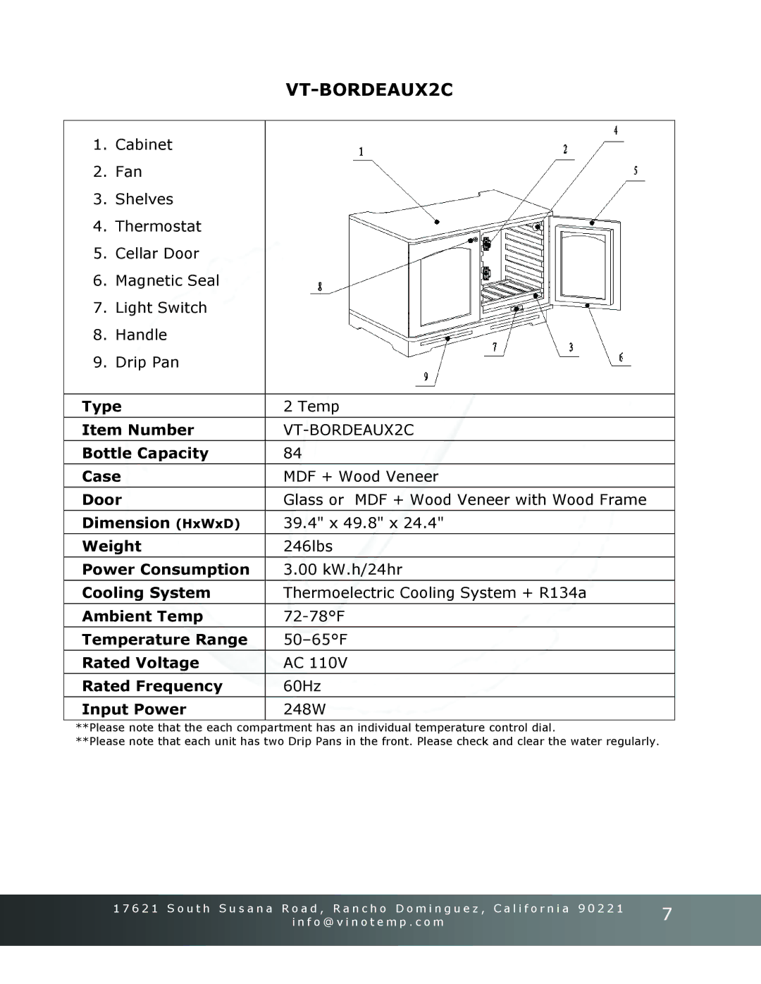 Vinotemp Portofino owner manual VT-BORDEAUX2C, 39.4 x 49.8 x, 246lbs, 248W 