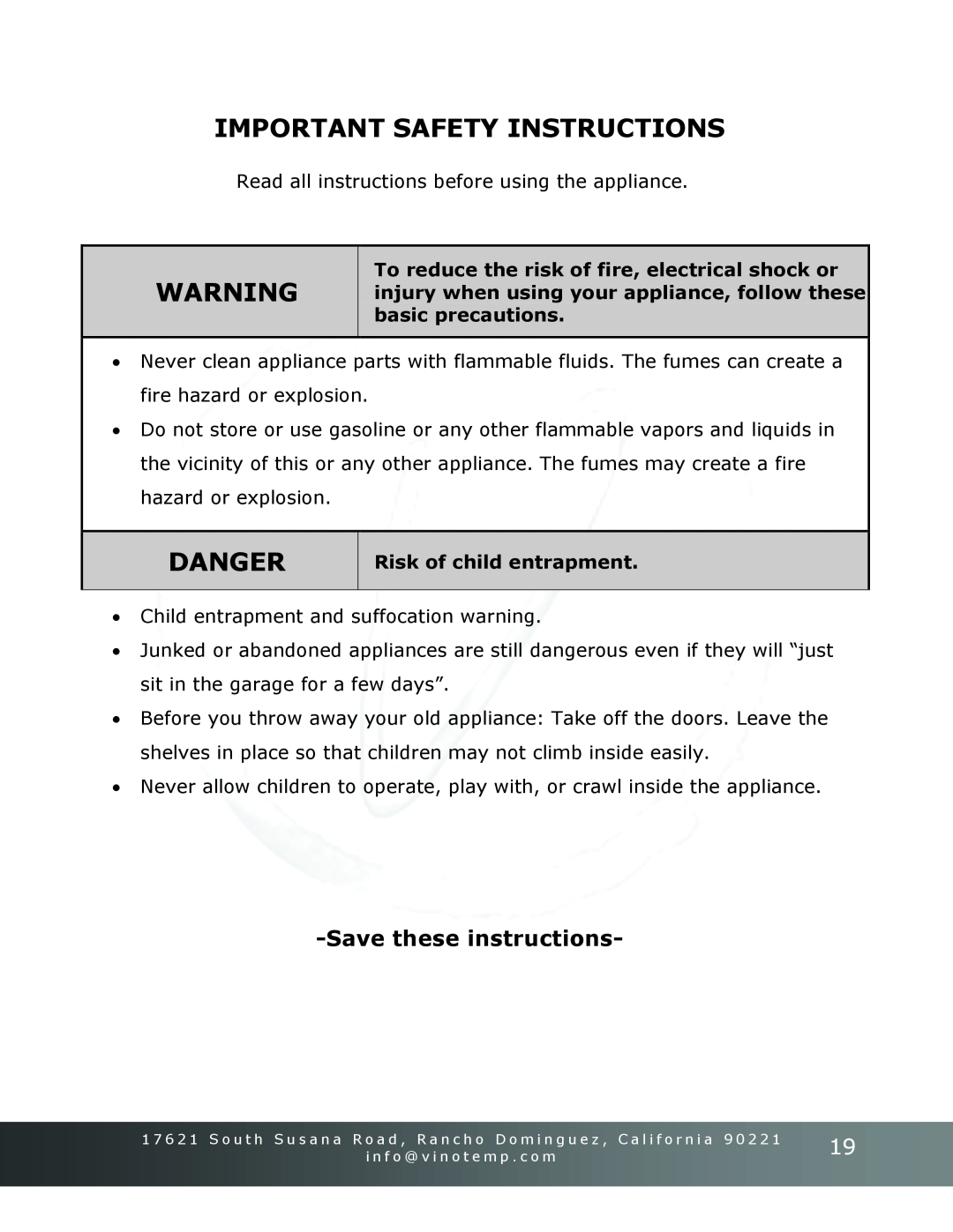 Vinotemp Portofino owner manual Important Safety Instructions, Danger, Savethese instructions 