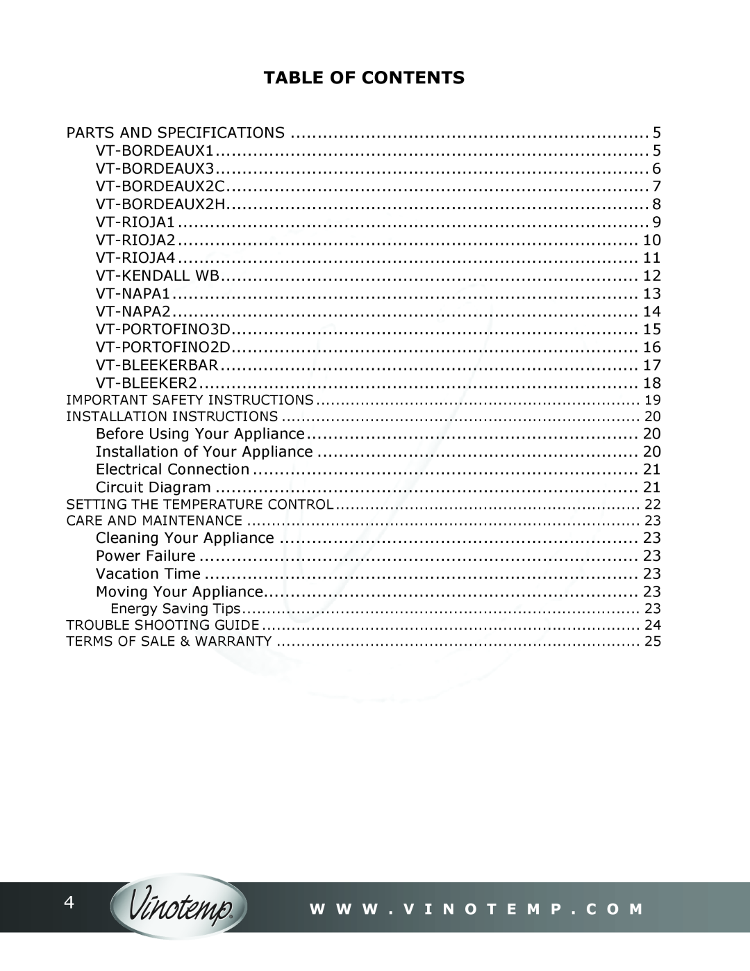 Vinotemp Portofino owner manual Table Of Contents, W W W . V I N O T E M P . C O M 