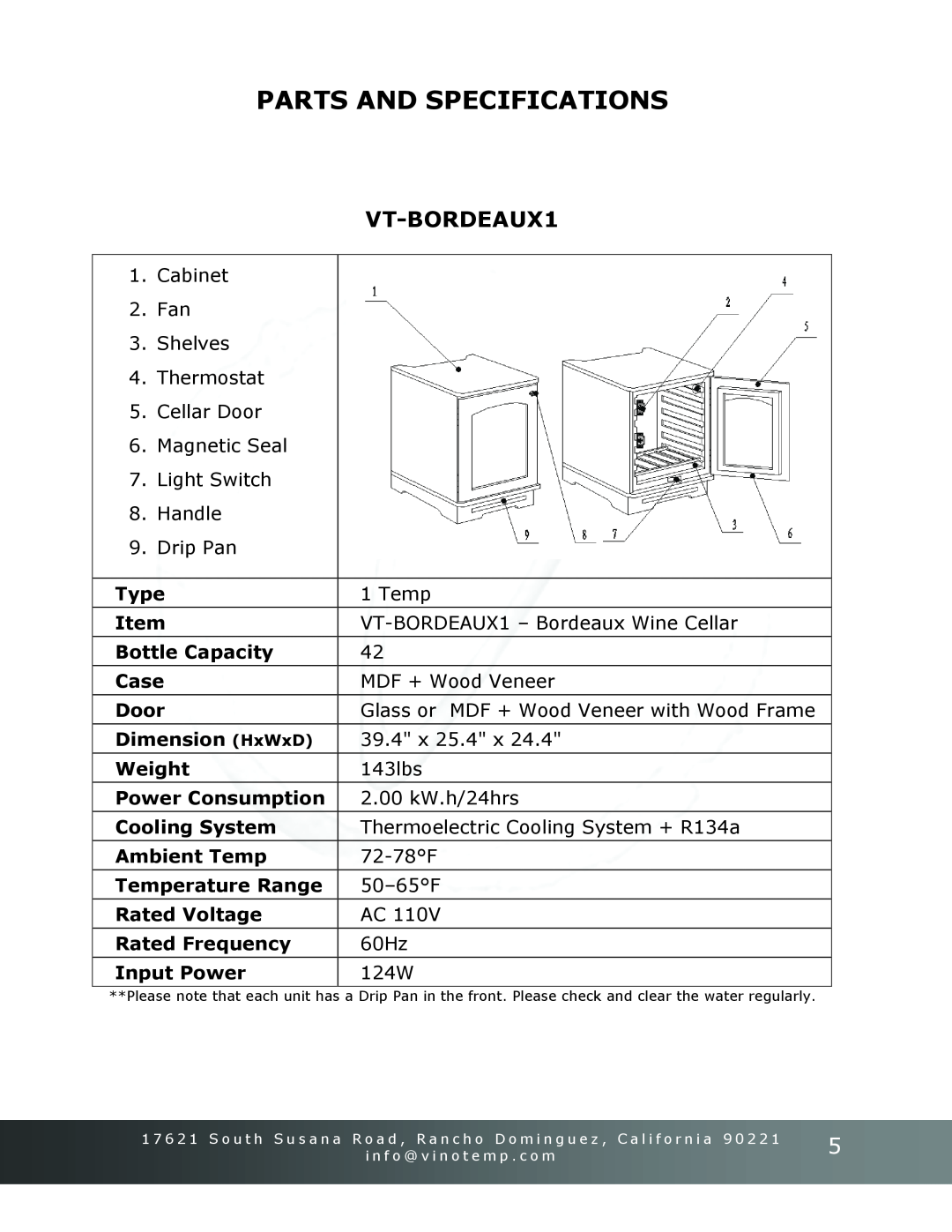 Vinotemp Portofino owner manual Parts And Specifications, VT-BORDEAUX1 