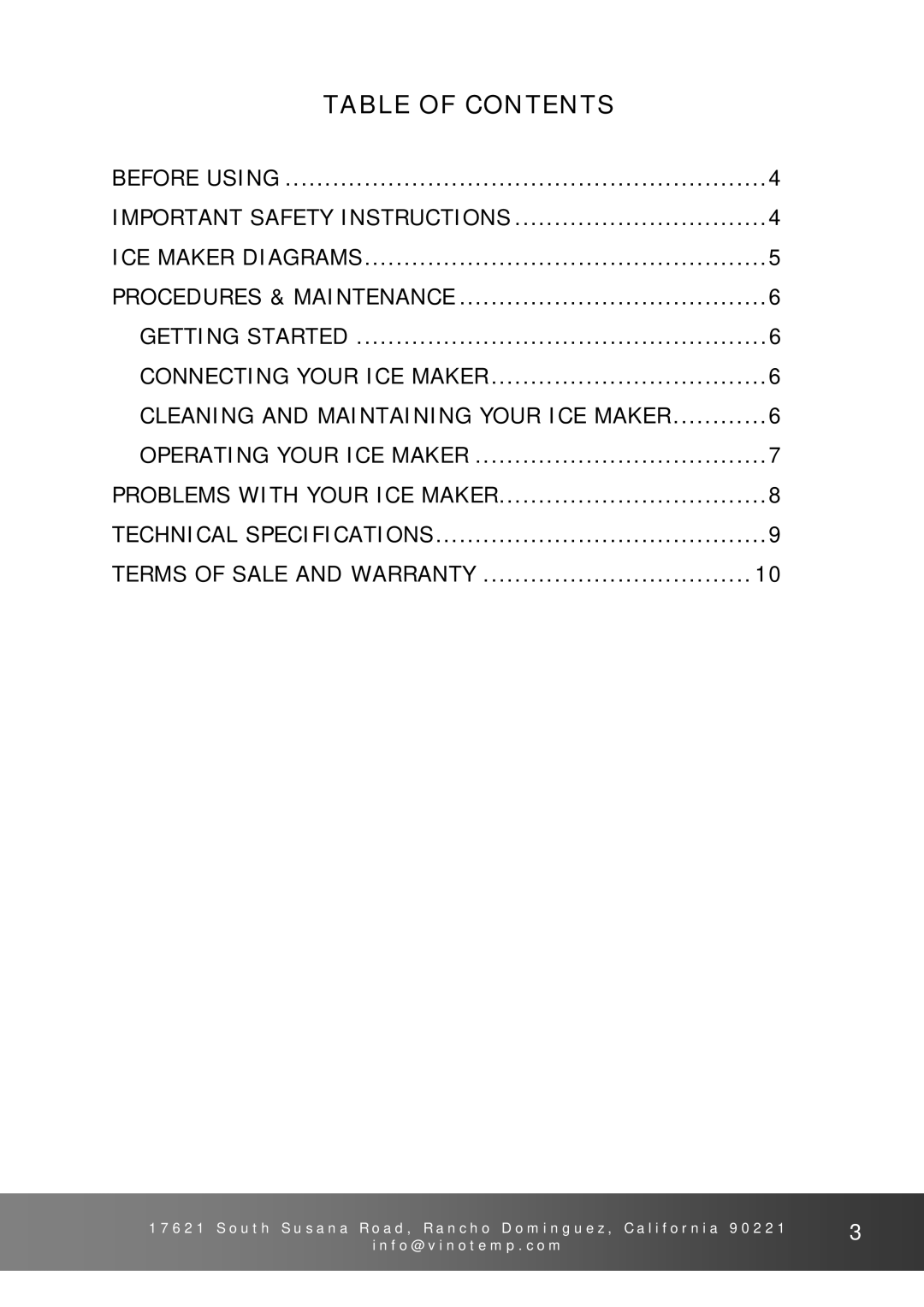 Vinotemp V T - I C E M P 2 5 owner manual Table of Contents 