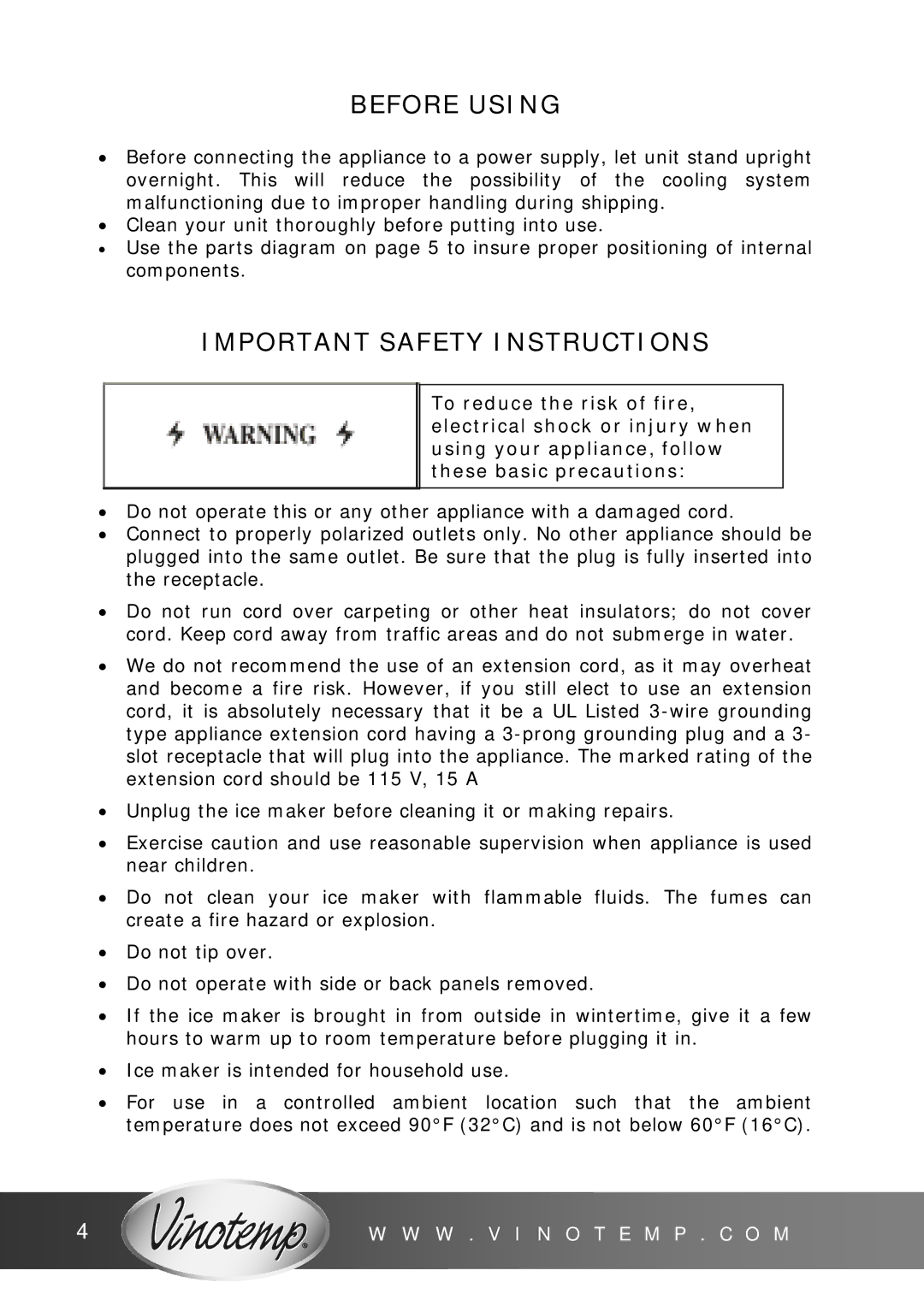 Vinotemp V T - I C E M P 2 5 owner manual Before Using, Important Safety Instructions 