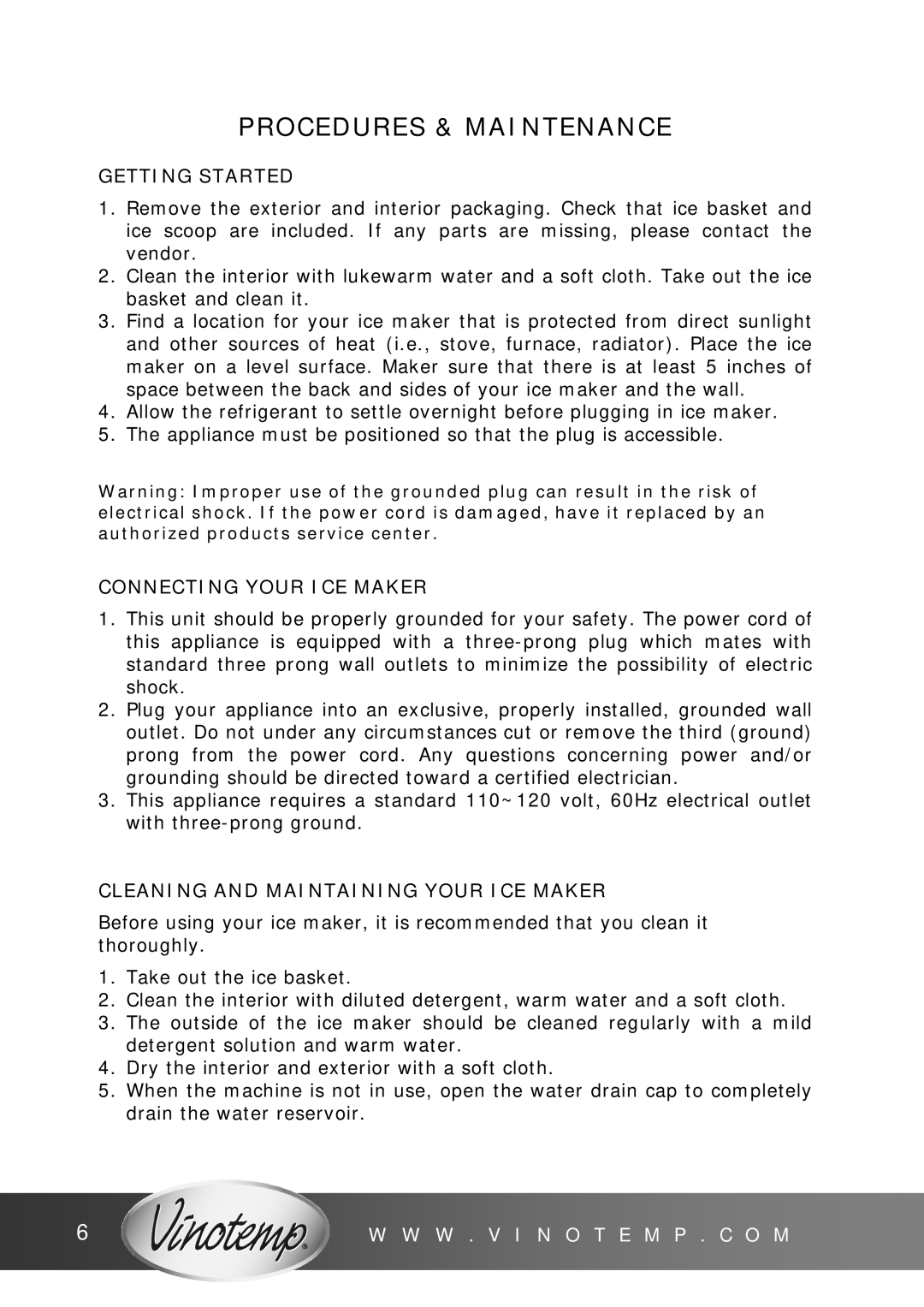 Vinotemp V T - I C E M P 2 5 owner manual Procedures & Maintenance, Getting Started 