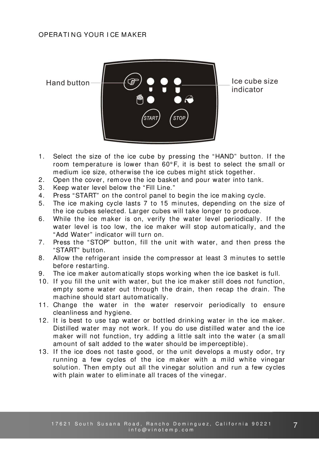 Vinotemp V T - I C E M P 2 5 owner manual Operating Your ICE Maker 