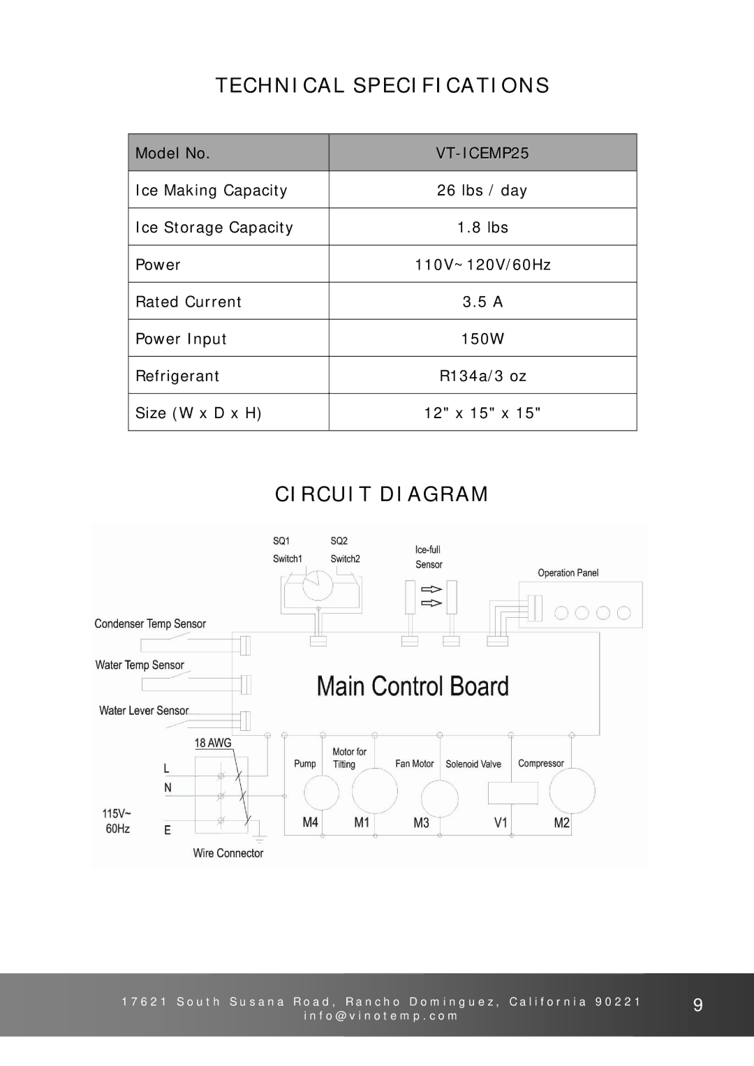 Vinotemp V T - I C E M P 2 5 owner manual Technical Specifications, Circuit Diagram 