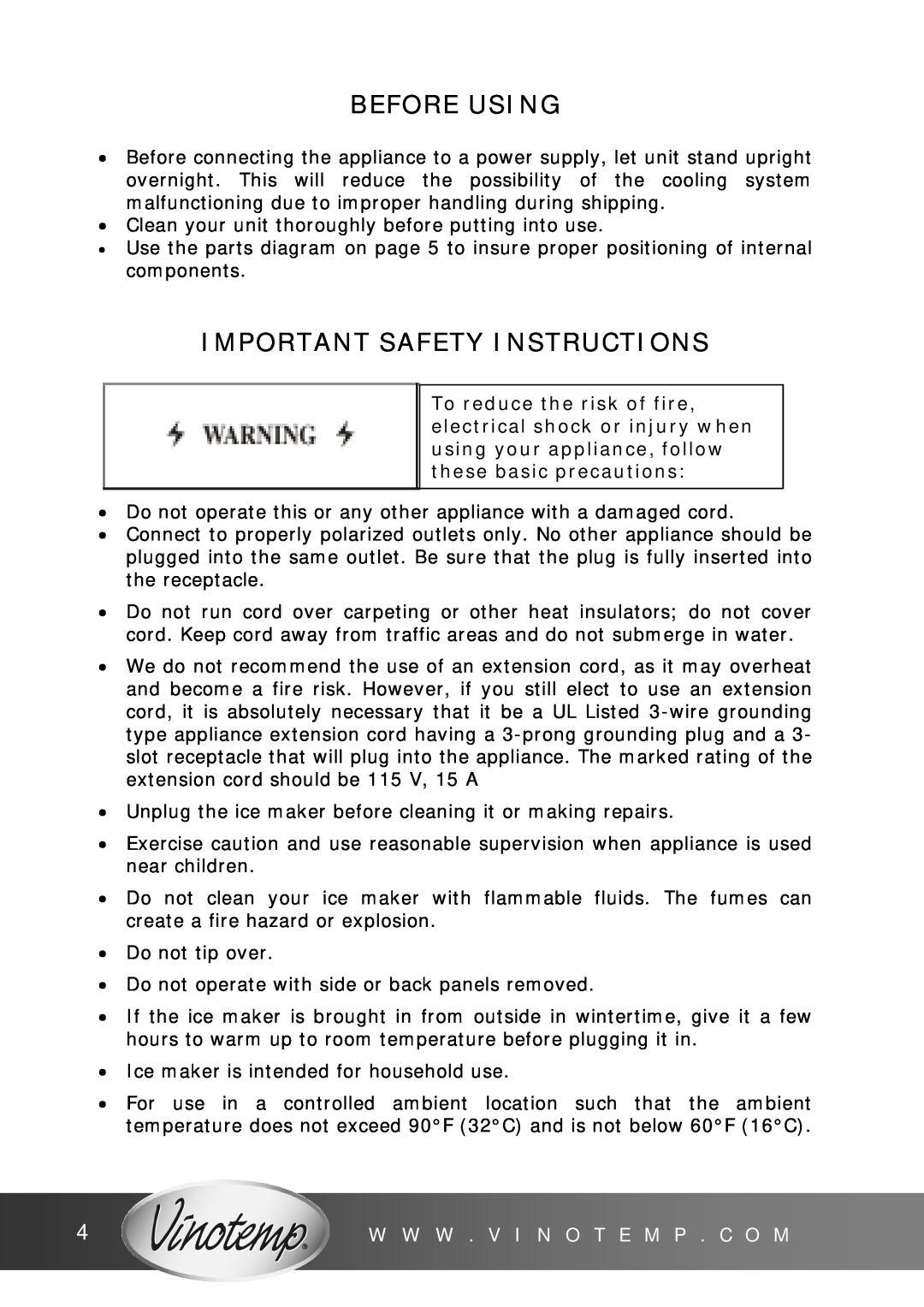 Vinotemp V T - I C E M P 2 5 owner manual Before Using, Important Safety Instructions, W W W . V I N O T E M P . C O M 