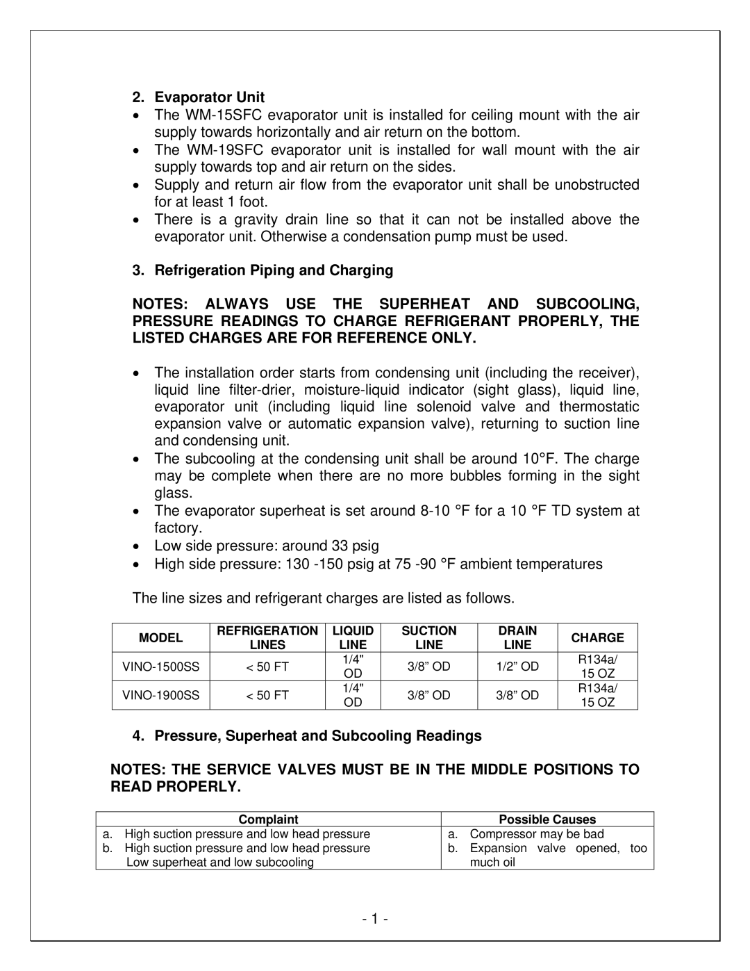 Vinotemp VINO-1900SS manual Evaporator Unit, Refrigeration Piping and Charging, Pressure, Superheat and Subcooling Readings 