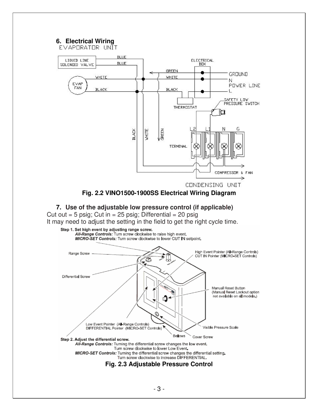 Vinotemp VINO-1900SS, VINO-1500SS manual VINO1500-1900SS Electrical Wiring Diagram, Adjustable Pressure Control 