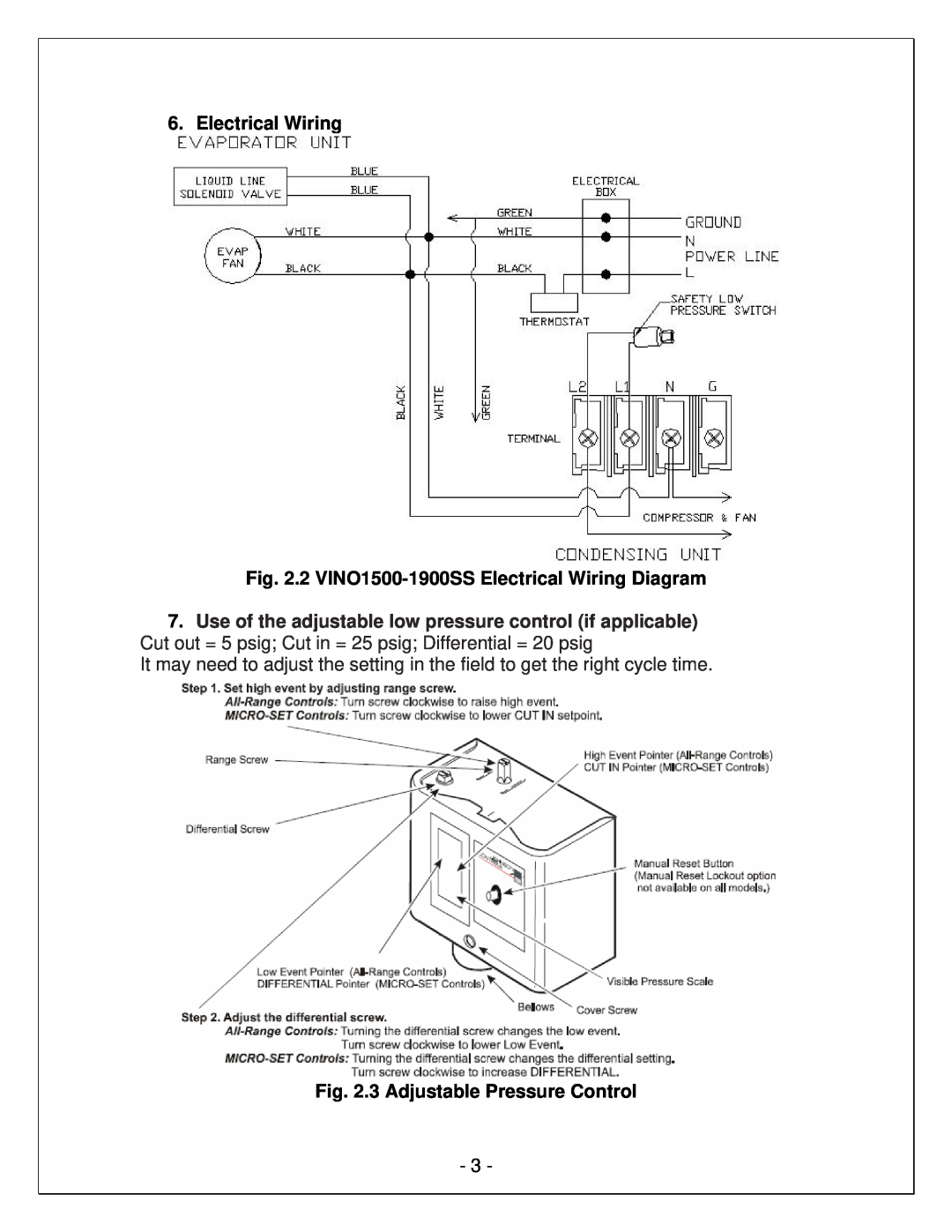 Vinotemp VINO-1900SS, VINO-1500SS manual 2 VINO1500-1900SSElectrical Wiring Diagram, 3 Adjustable Pressure Control 