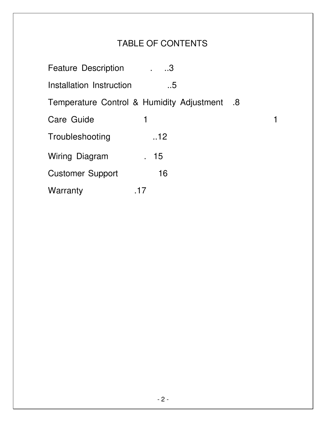 Vinotemp VINO1500CD, VINO-4500SSR, WM-2500CD, VINO2500CTED, VINO1500CTED, VINO2500CD manual Table of Contents 