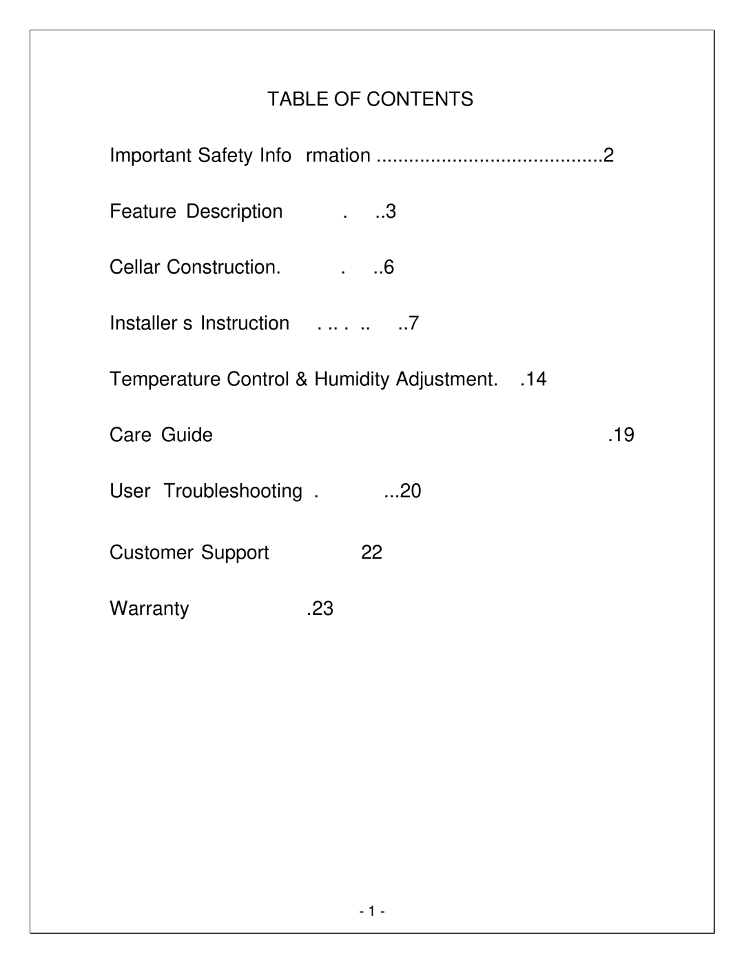 Vinotemp WM-65SFCL, VINO-6500SSL, VINO-4500SSL, WM-45SFCL, WM-150SCU, WM-250SCU, WM-25SFCL, WM150-450SCU manual Table of Contents 