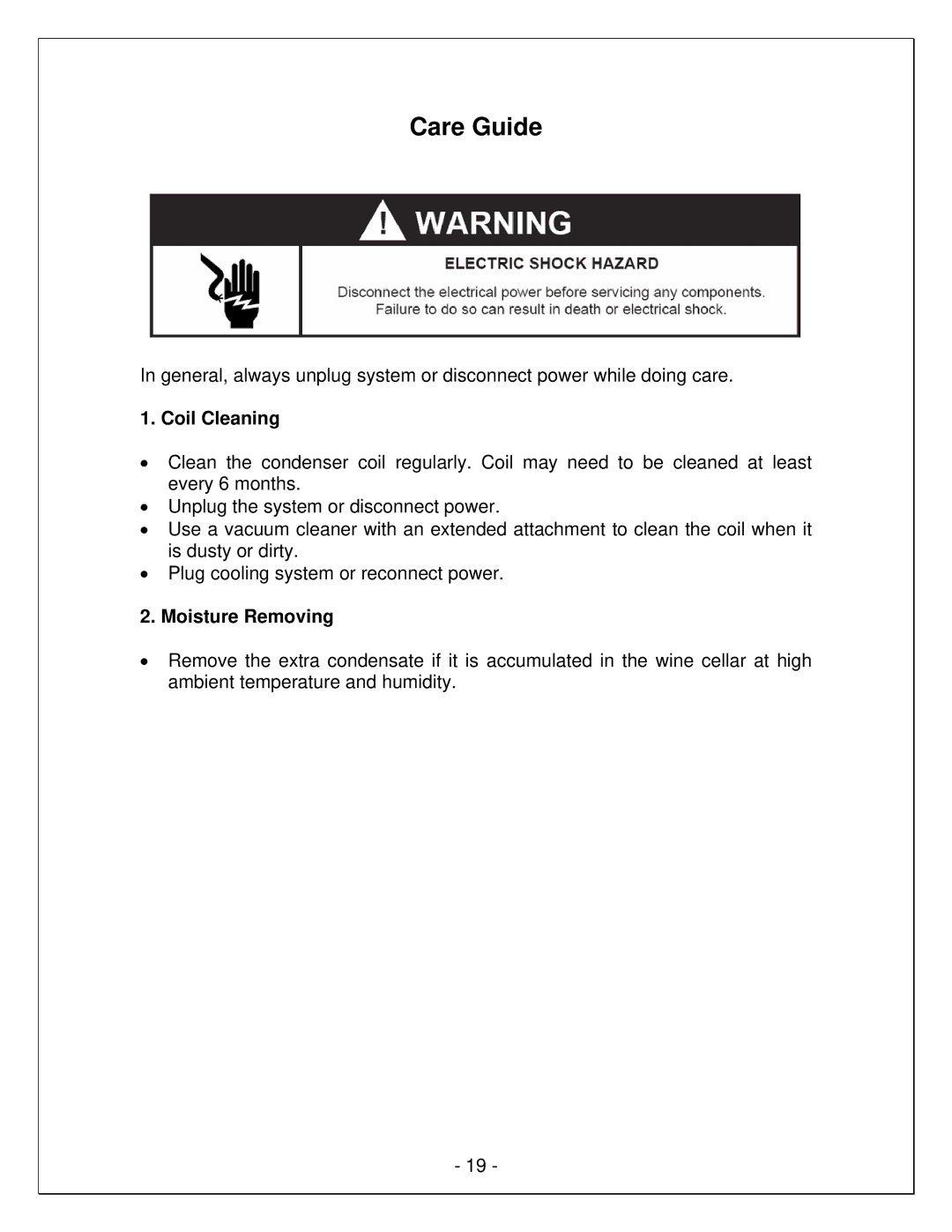 Vinotemp WM150-450SCU, VINO-6500SSL, VINO-4500SSL, WM-65SFCL, WM-45SFCL manual Care Guide, Coil Cleaning, Moisture Removing 