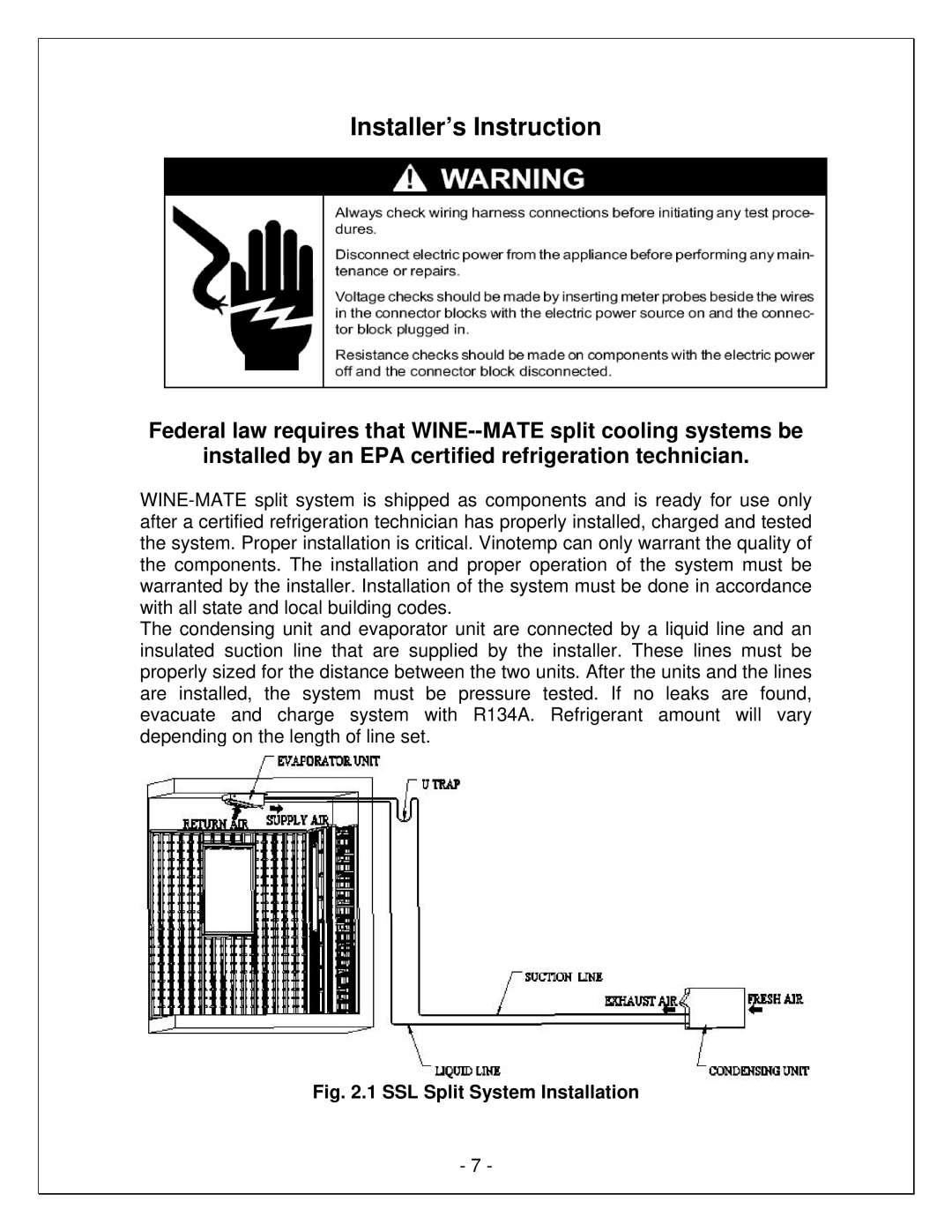 Vinotemp WM-15SFCL, VINO-6500SSL, VINO-4500SSL, WM-65SFCL, WM-45SFCL Installer’s Instruction, SSL Split System Installation 