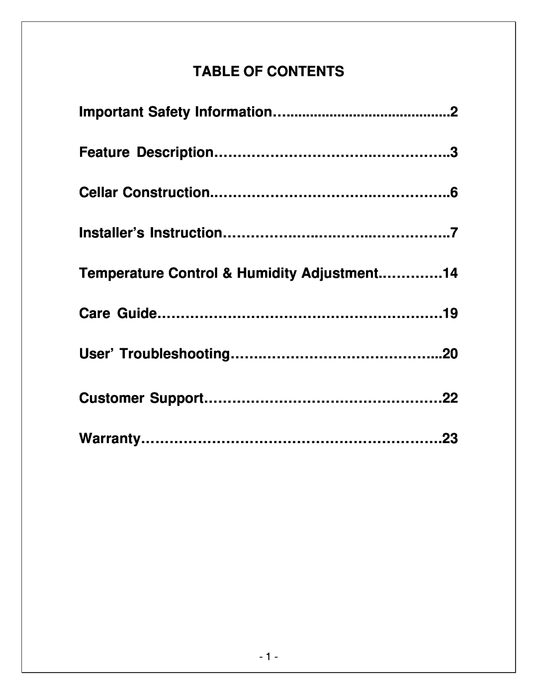 Vinotemp WM-65SFCL Table Of Contents, Feature Description…………………………….……………..3, Cellar Construction.…………………………….……………..6 