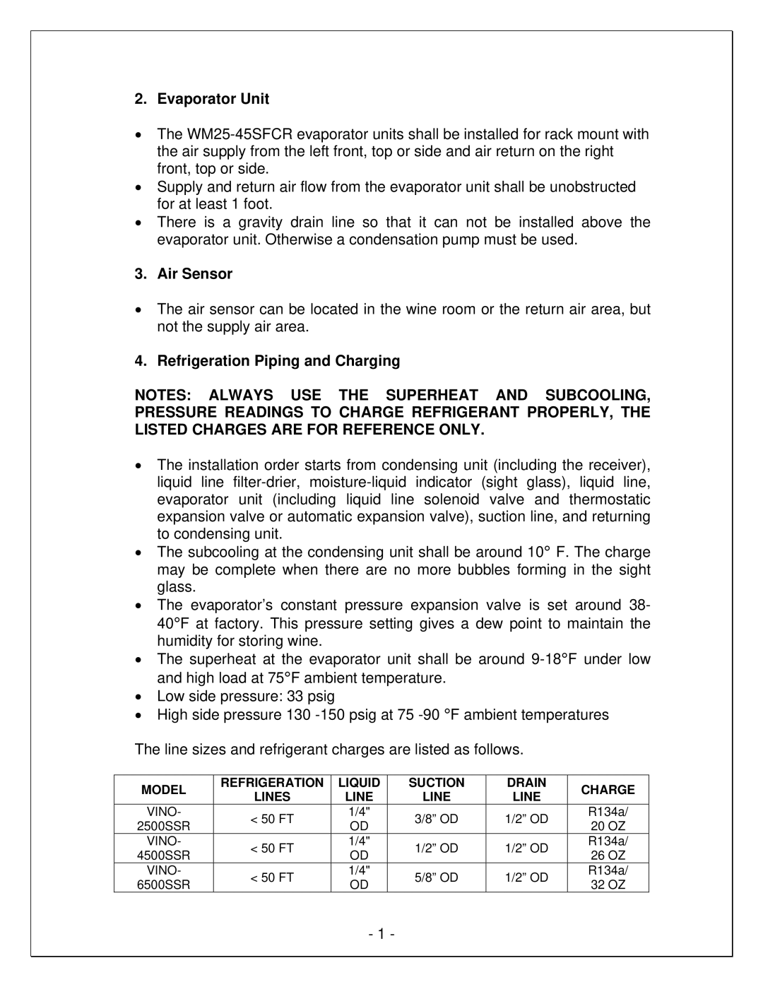 Vinotemp VINO-6500SSR, VINO-2500SSR manual Evaporator Unit, Air Sensor, Refrigeration Piping and Charging 