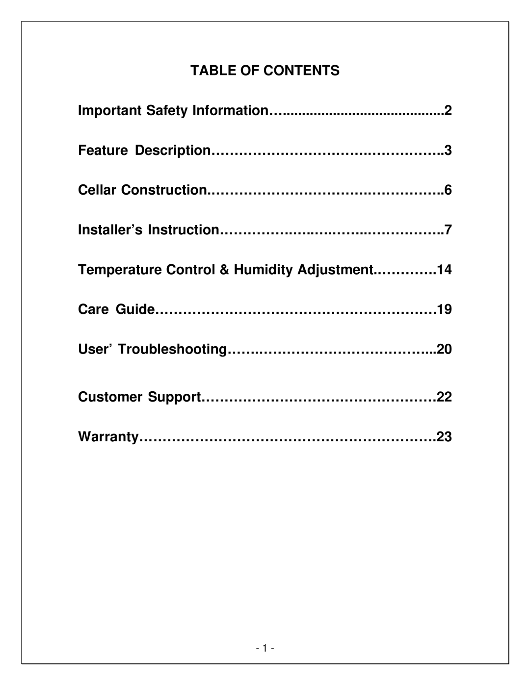 Vinotemp VINO2500-2500SSR, VINO2500-4500SSR, VINO2500-6500SSR manual Table of Contents 