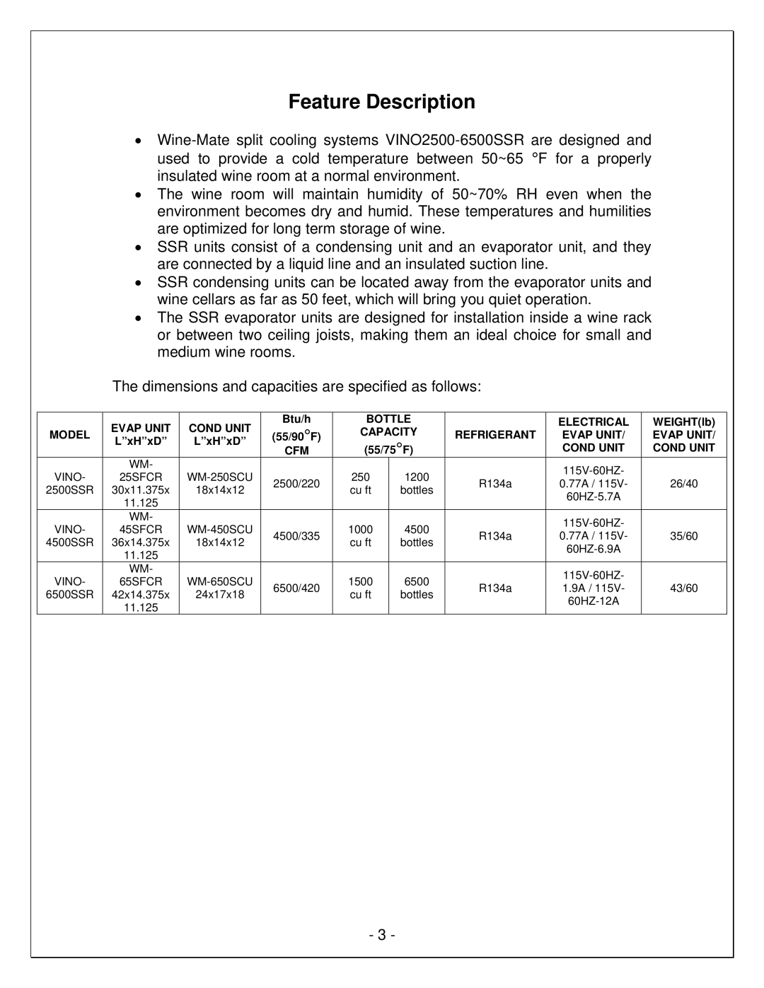 Vinotemp VINO2500-6500SSR, VINO2500-4500SSR, VINO2500-2500SSR manual Feature Description, CFM Cond Unit 