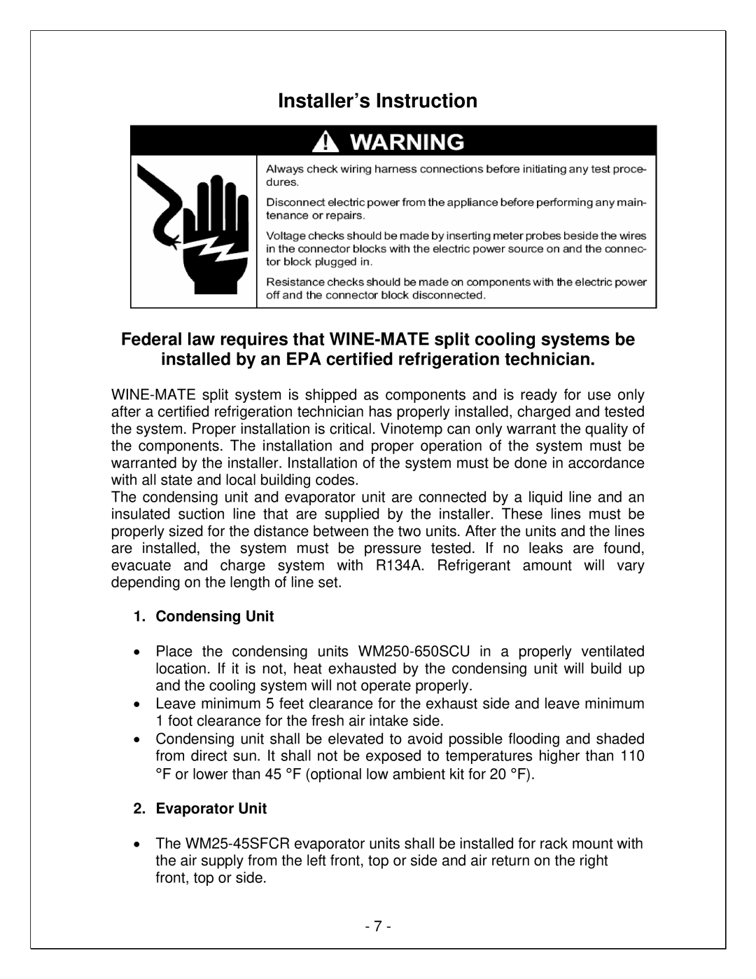 Vinotemp VINO2500-2500SSR, VINO2500-4500SSR, VINO2500-6500SSR Installer’s Instruction, Condensing Unit, Evaporator Unit 