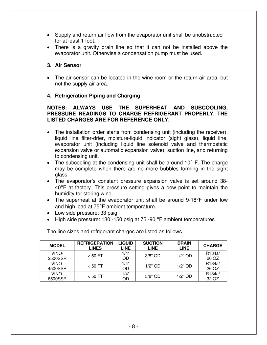 Vinotemp VINO2500-4500SSR, VINO2500-6500SSR, VINO2500-2500SSR manual Air Sensor, Refrigeration Piping and Charging 