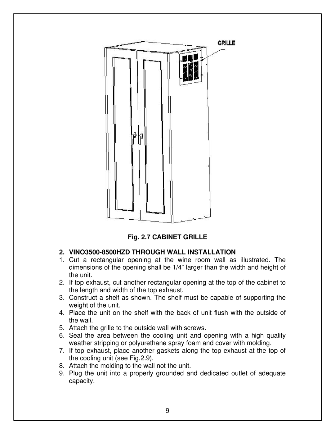 Vinotemp VINO4500HZD, VINO6500HZD manual VINO3500-8500HZD Through Wall Installation 