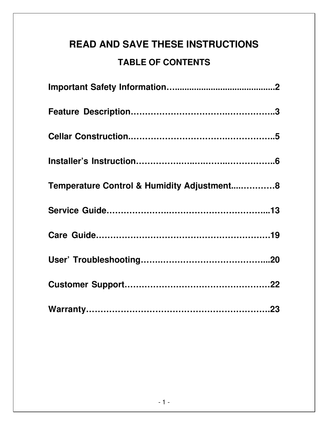 Vinotemp VINO4500DS, VINO6500DS, VINO8500DS manual Read and Save These Instructions 