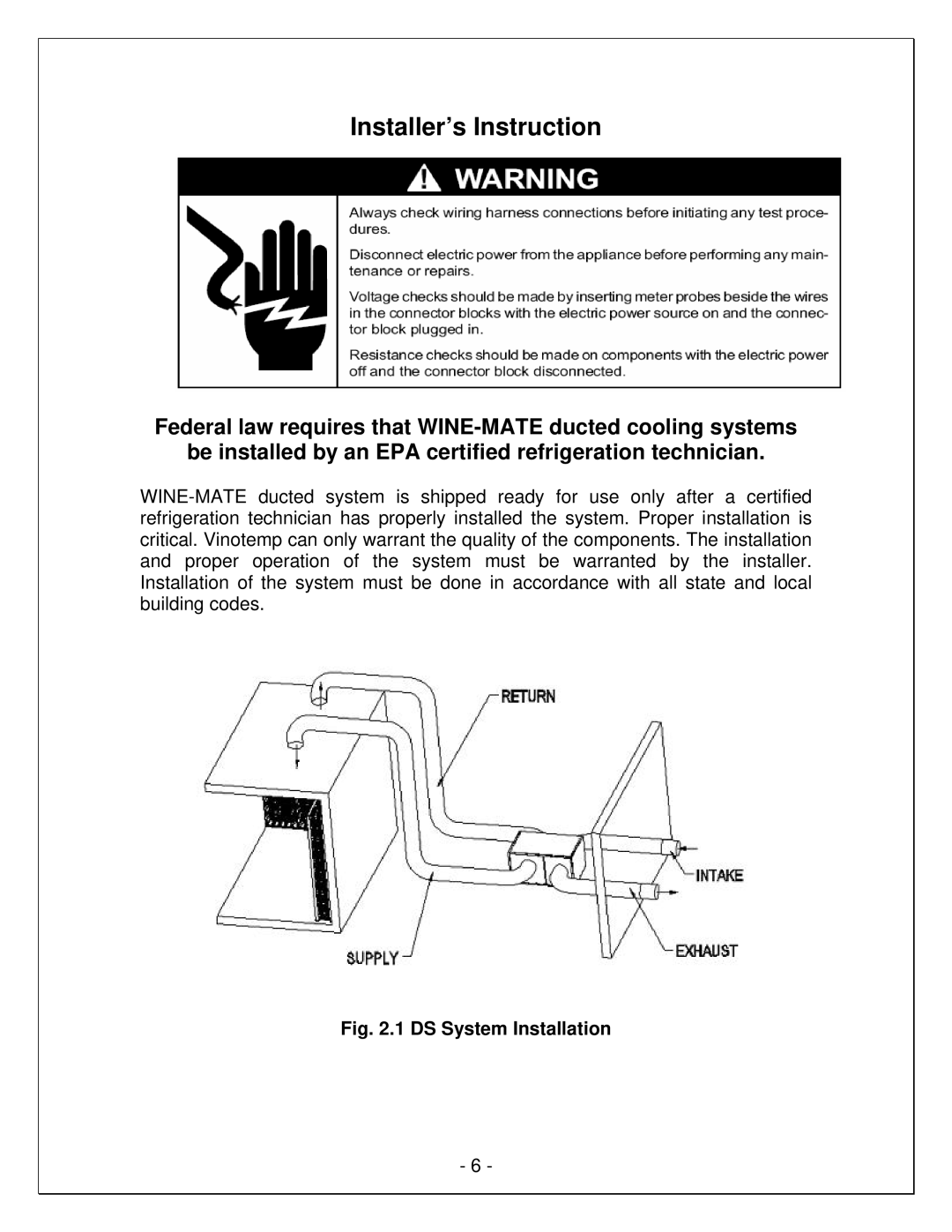 Vinotemp VINO8500DS, VINO6500DS, VINO4500DS manual Installer’s Instruction, DS System Installation 