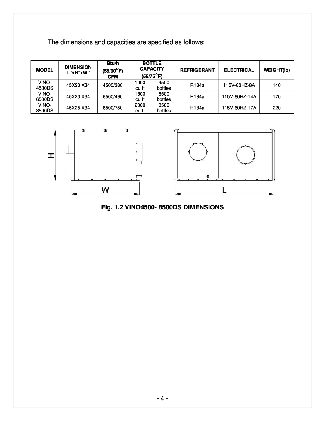 Vinotemp VINO4500DS manual Dimension, Btu/h, Bottle, Model, 55/90F, Capacity, Refrigerant, Electrical, WEIGHTlb, 55/75F 