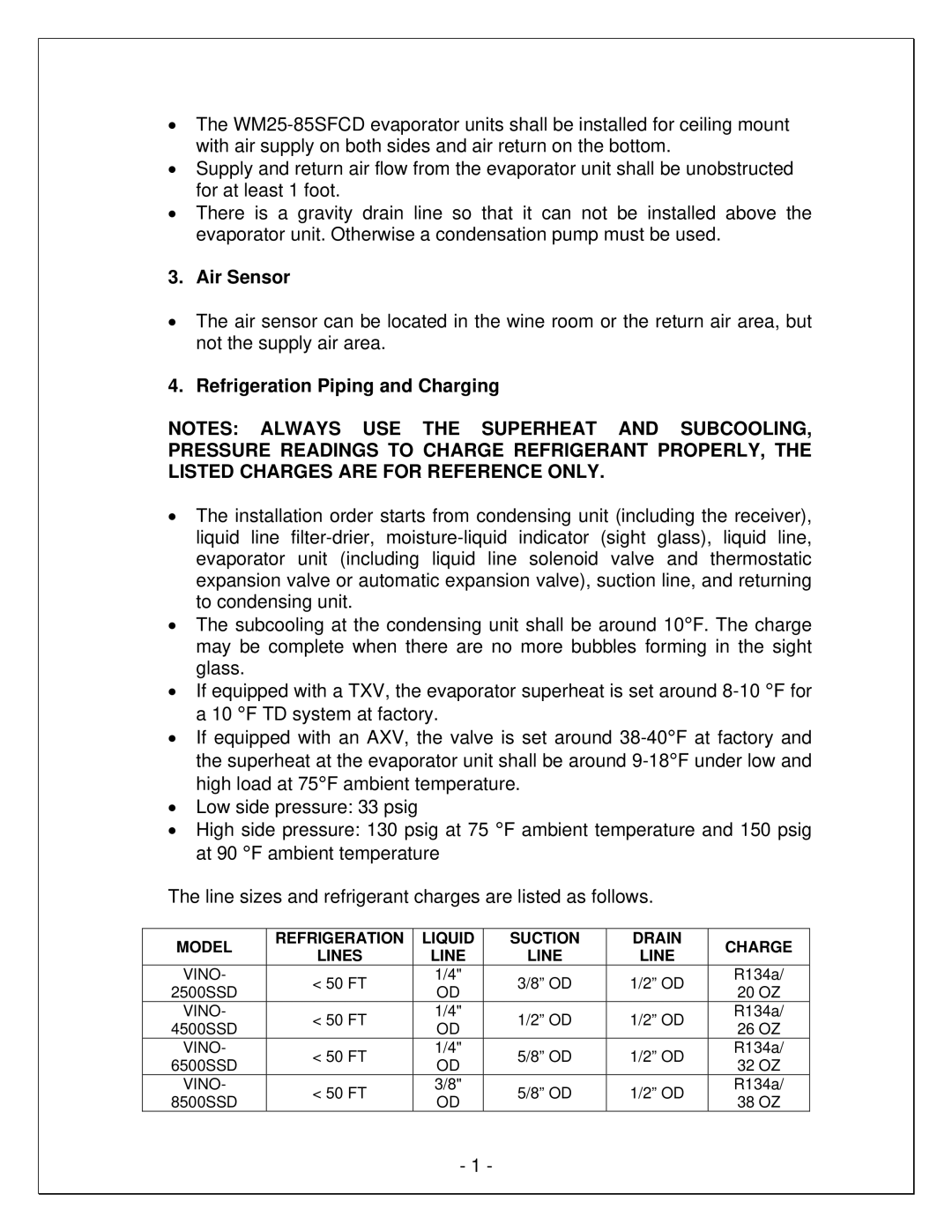 Vinotemp VINO8500SSD, VINO6500SSD, VINO4500SSD, WM25-85SFCD, WM250-850SCU manual Air Sensor, Refrigeration Piping and Charging 