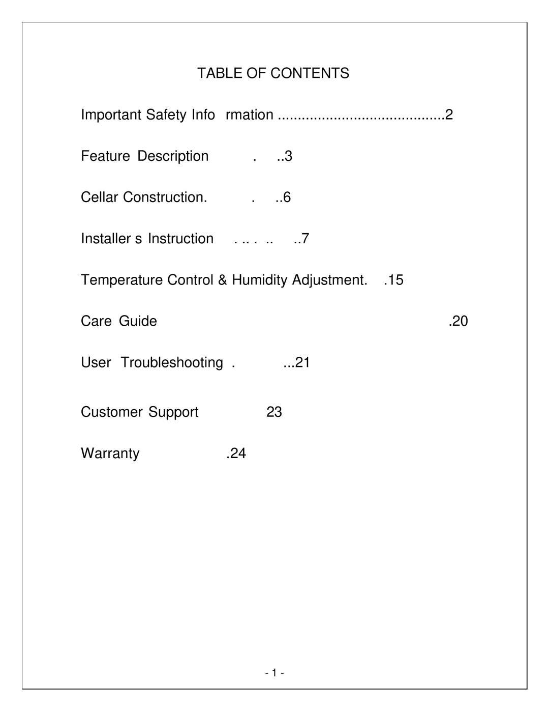 Vinotemp VINO8500SSH, VINO6500SSH, VINO4500SSH, WM-85SFCH, WM-850SCU, WM-65SFCH, WM-45SFCH, WM-25SFCH manual Table of Contents 