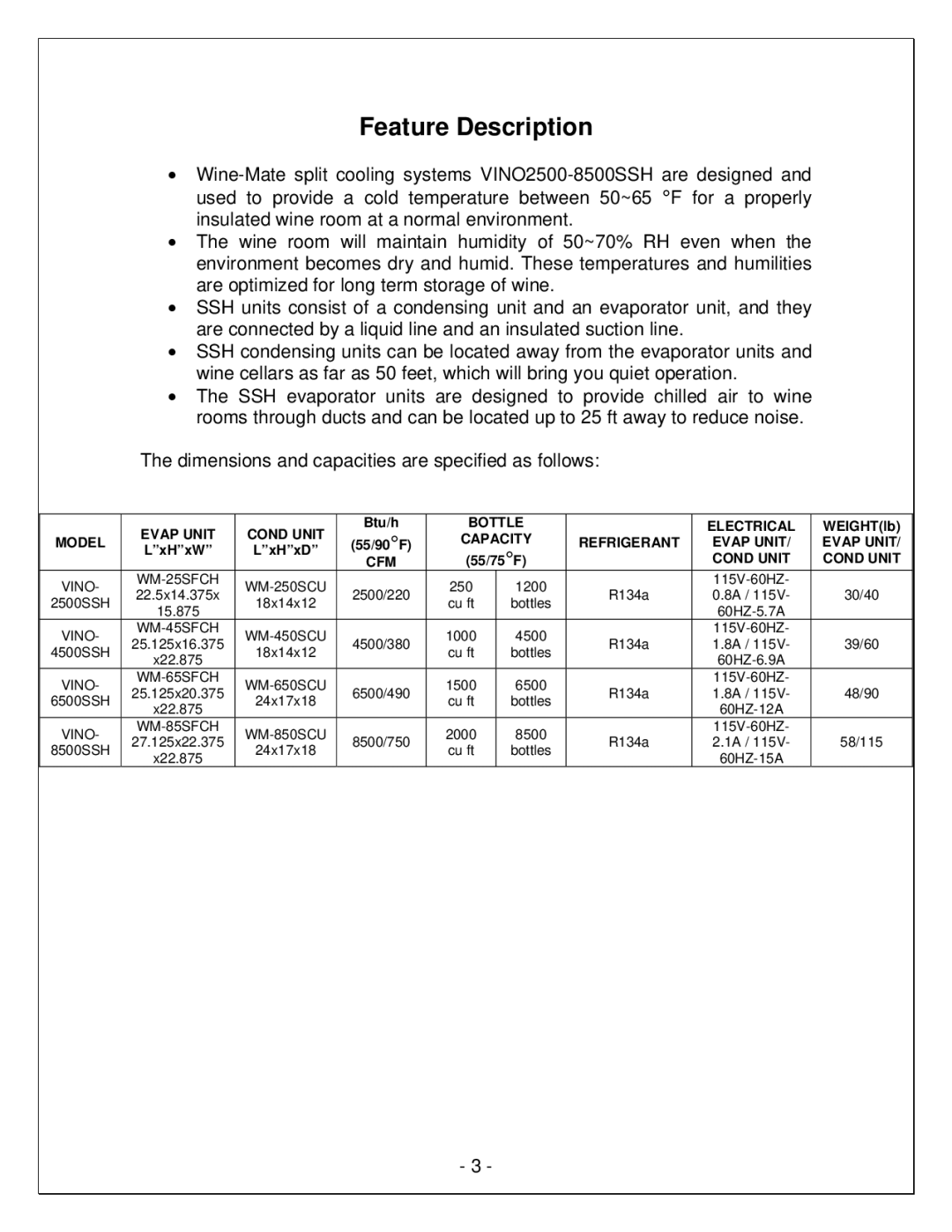 Vinotemp WM-850SCU, VINO6500SSH, VINO4500SSH, VINO8500SSH, WM-85SFCH, WM-65SFCH, WM-45SFCH Feature Description, CFM Cond Unit 