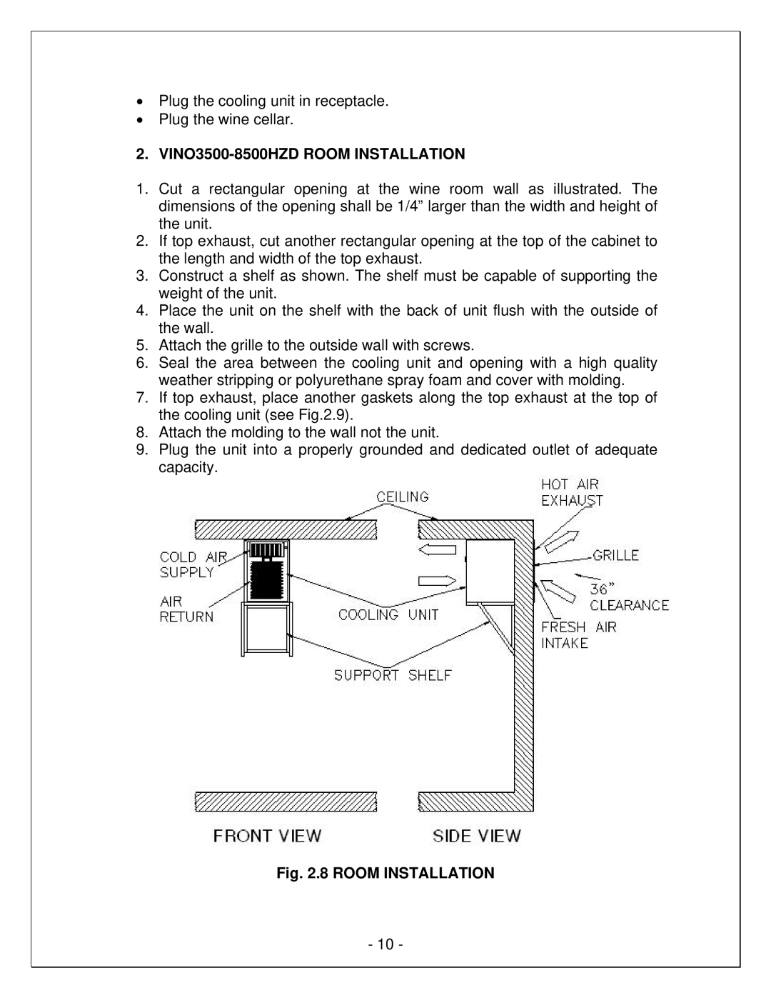 Vinotemp VINO1500HZD, VINO8500HZD, WM-1500-HTD, WM-8500HTD, VINO3500HZD, VINO2500HZD manual VINO3500-8500HZD Room Installation 