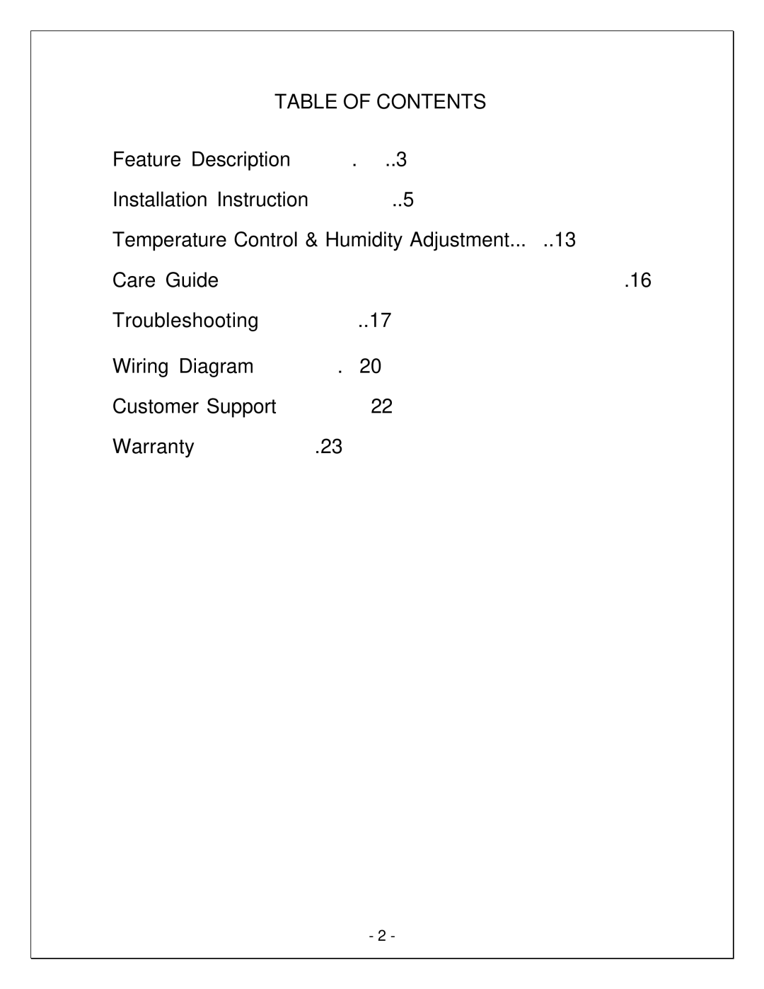 Vinotemp VINO3500HZD, VINO8500HZD, WM-1500-HTD, WM-8500HTD, VINO2500HZD, VINO1500HZD manual Table of Contents 