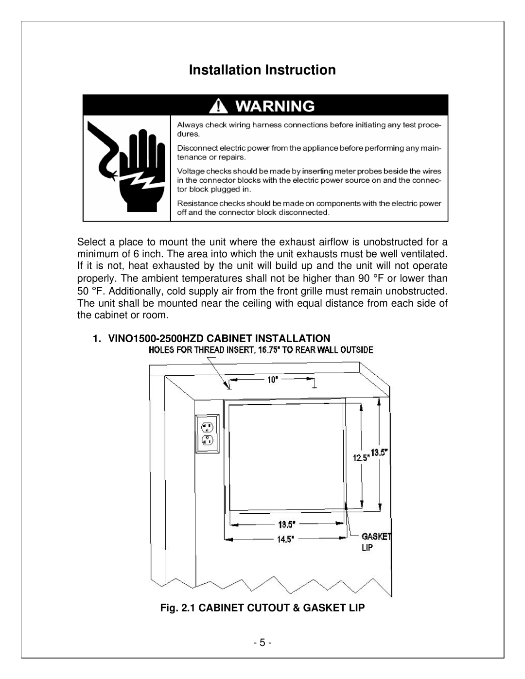 Vinotemp VINO8500HZD, WM-1500-HTD, WM-8500HTD, VINO3500HZD, VINO2500HZD Installation Instruction, Cabinet Cutout & Gasket LIP 