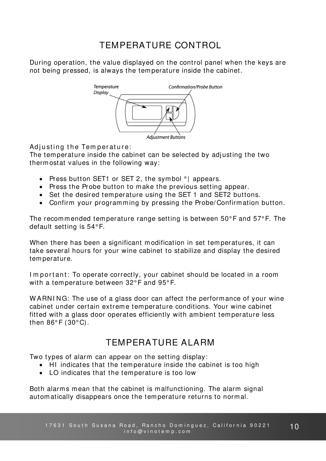 Vinotemp VT-CAVv4, VinoCave Series, VinoCellier Temperature Control, Temperature Alarm, Adjusting the Temperature 