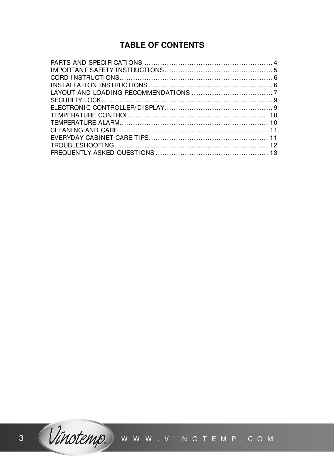 Vinotemp VinoCellier, VinoCave Series, VT-CAVv4 owner manual Table of Contents 