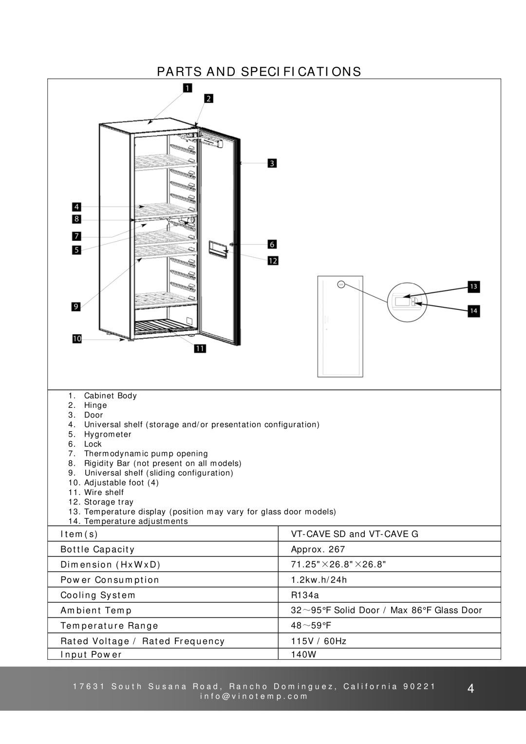 Vinotemp VT-CAVv4, VinoCave Series, VinoCellier owner manual Parts and Specifications 