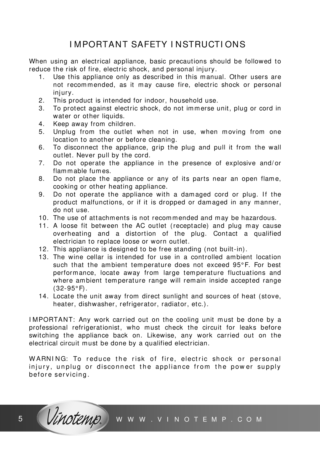 Vinotemp VinoCave Series, VinoCellier, VT-CAVv4 owner manual Important Safety Instructions 