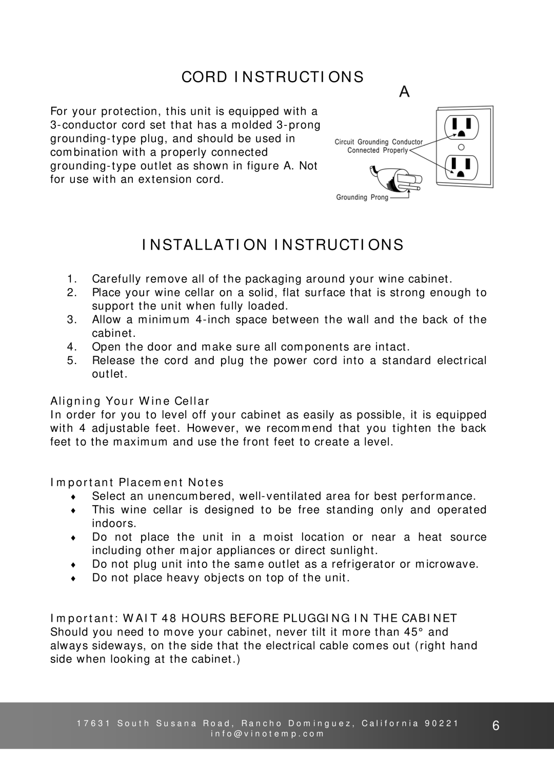 Vinotemp VinoCellier Cord Instructions, Installation Instructions, Aligning Your Wine Cellar, Important Placement Notes 