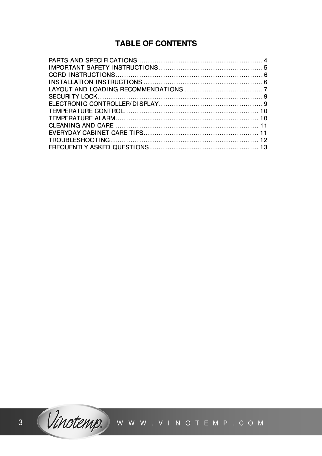 Vinotemp VinoCellier, VinoCave Series, VT-CAVv4 owner manual Table Of Contents, W W W . V I N O T E M P . C O M 