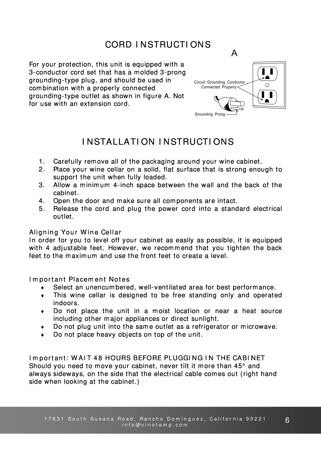Vinotemp VinoCellier Cord Instructions, Installation Instructions, Aligning Your Wine Cellar, Important Placement Notes 