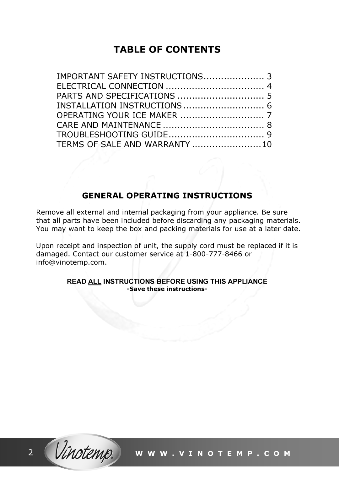 Vinotemp VT - IMSW owner manual Table of Contents 