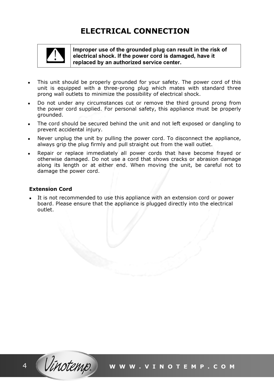 Vinotemp VT - IMSW owner manual Electrical Connection, Extension Cord 