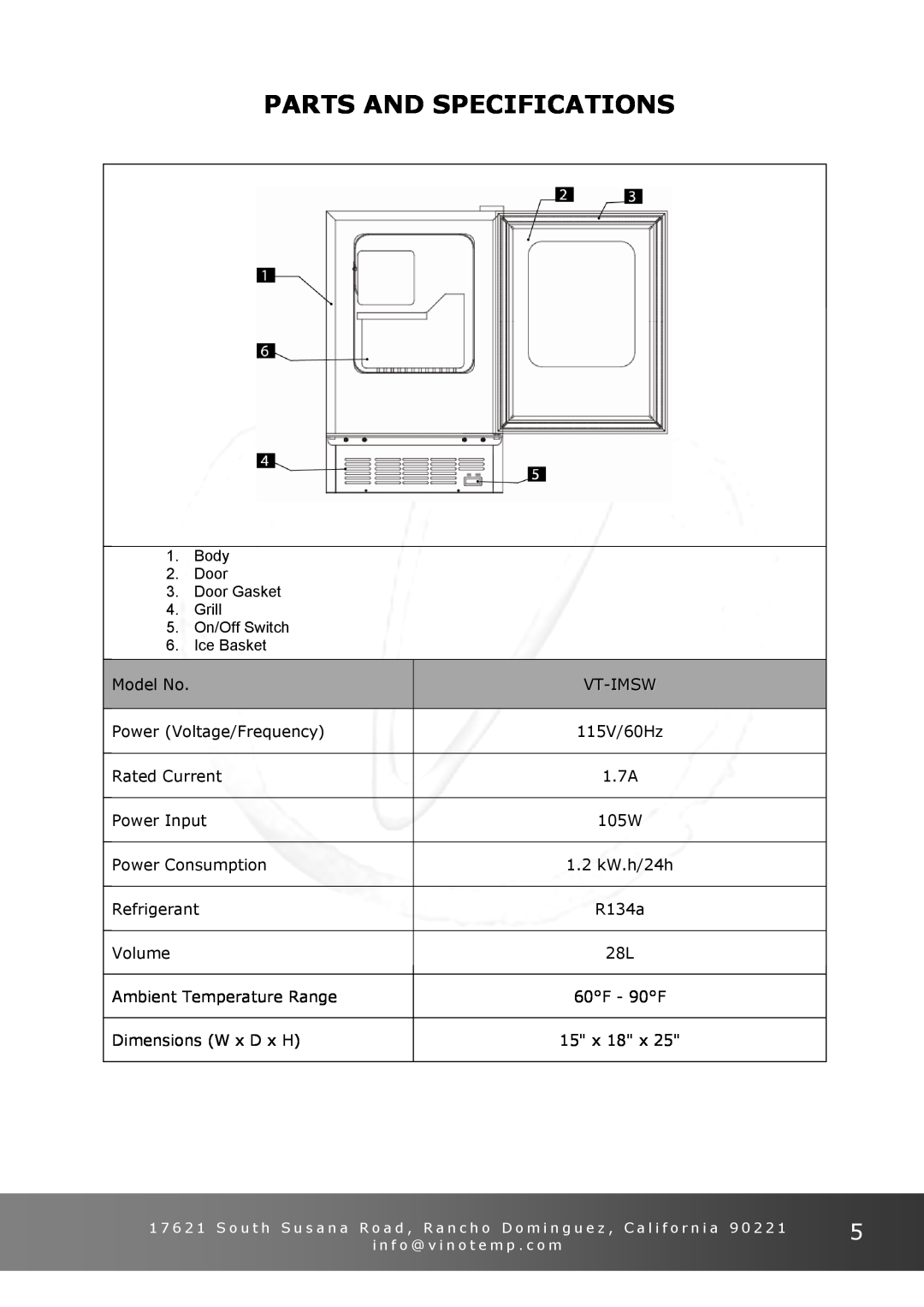 Vinotemp VT - IMSW owner manual Parts And Specifications 