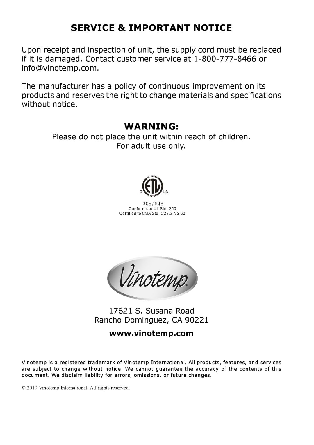 Vinotemp VT-15 TS owner manual Service & Important Notice 