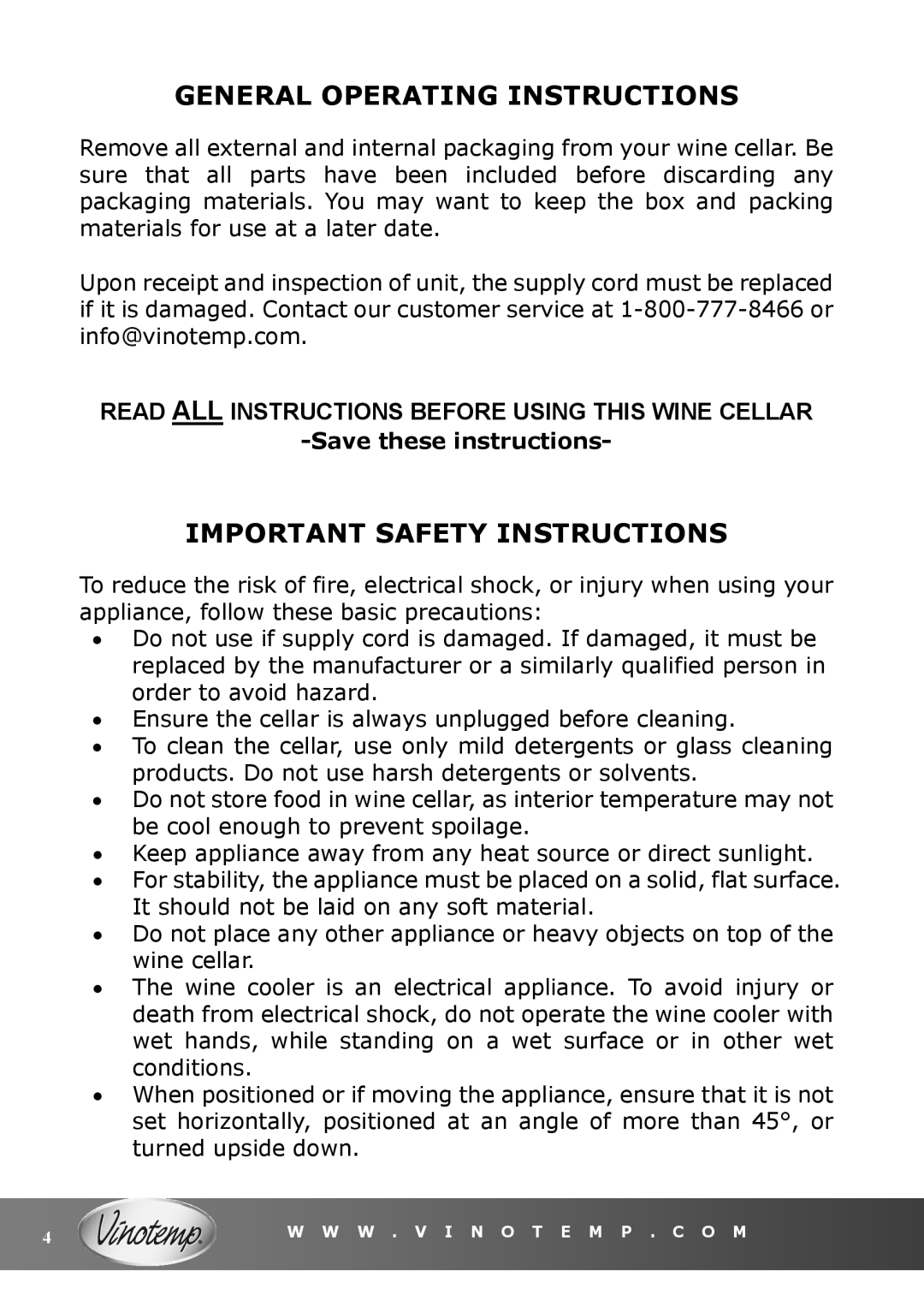 Vinotemp VT-15 TS owner manual General Operating Instructions, Important Safety Instructions 